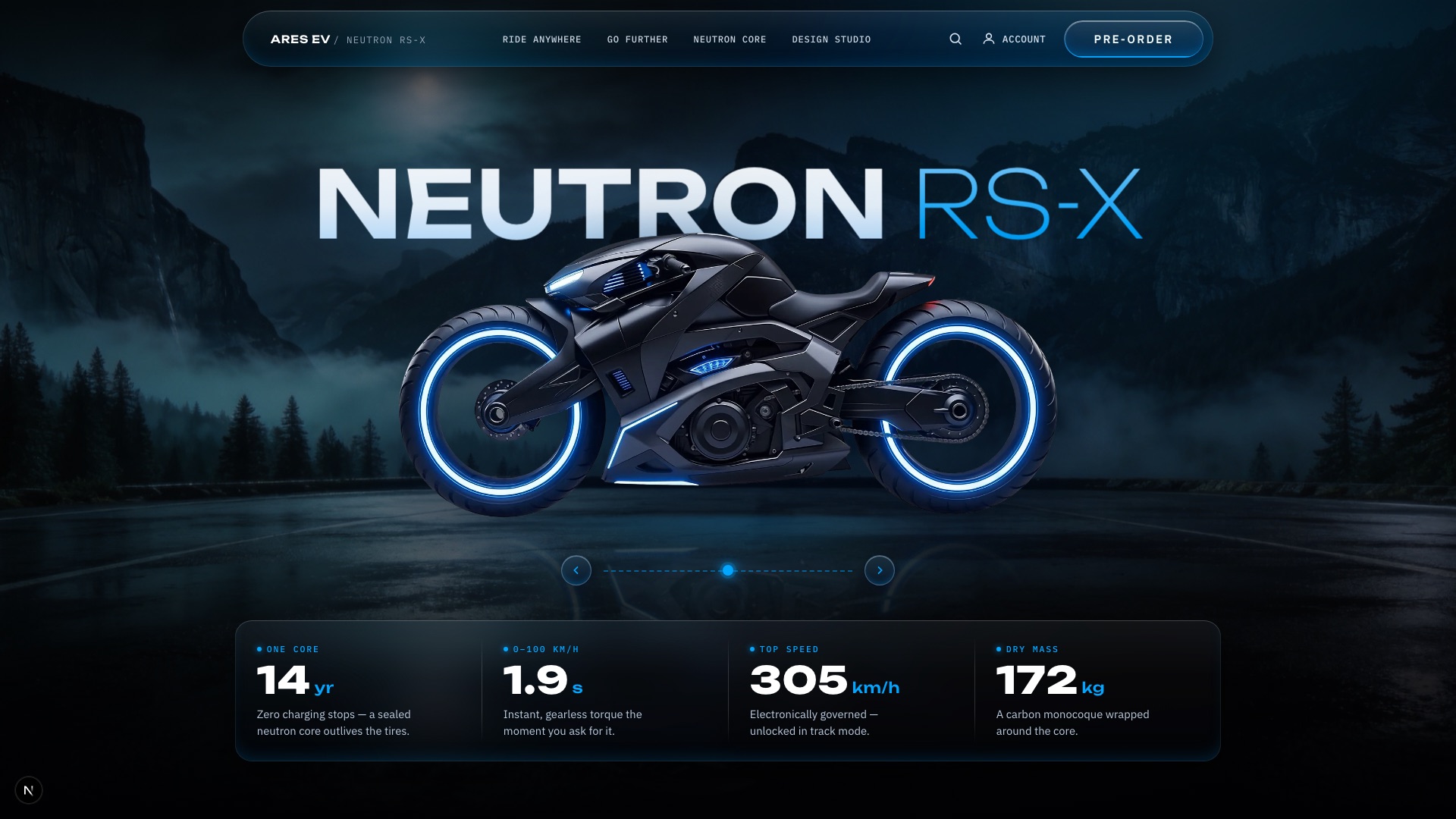 ARES EV Neutron RS-X homepage hero — electric superbike with glowing blue wheels against a misty mountain road